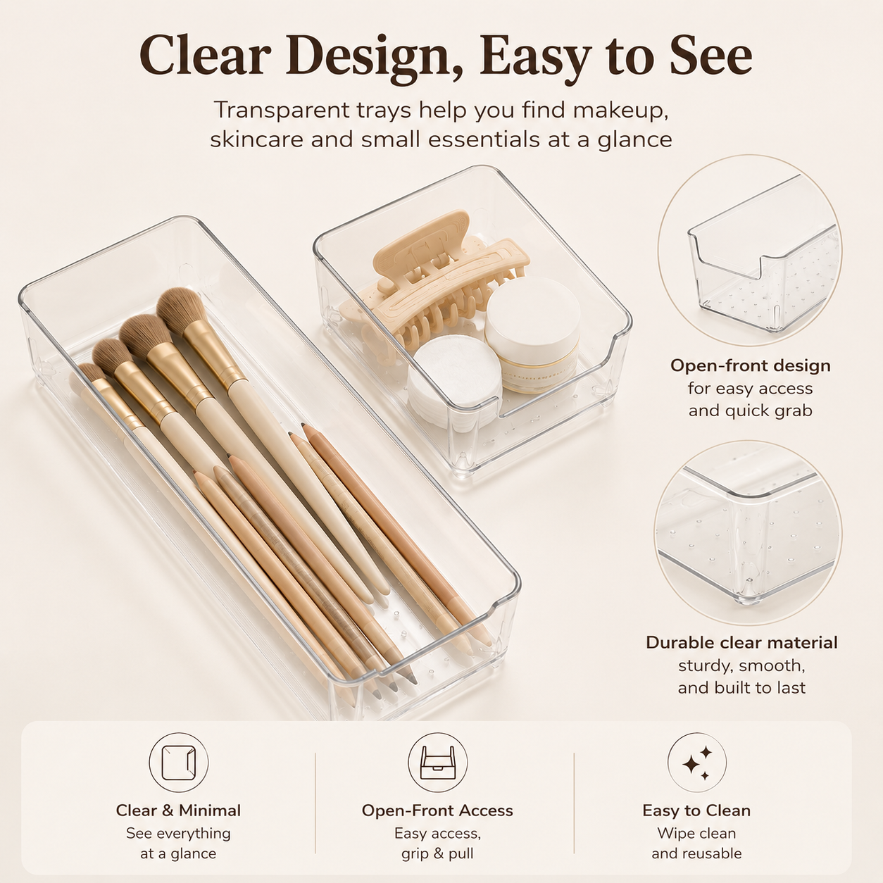 Clear drawer organizer tray showing transparent design and open front detail