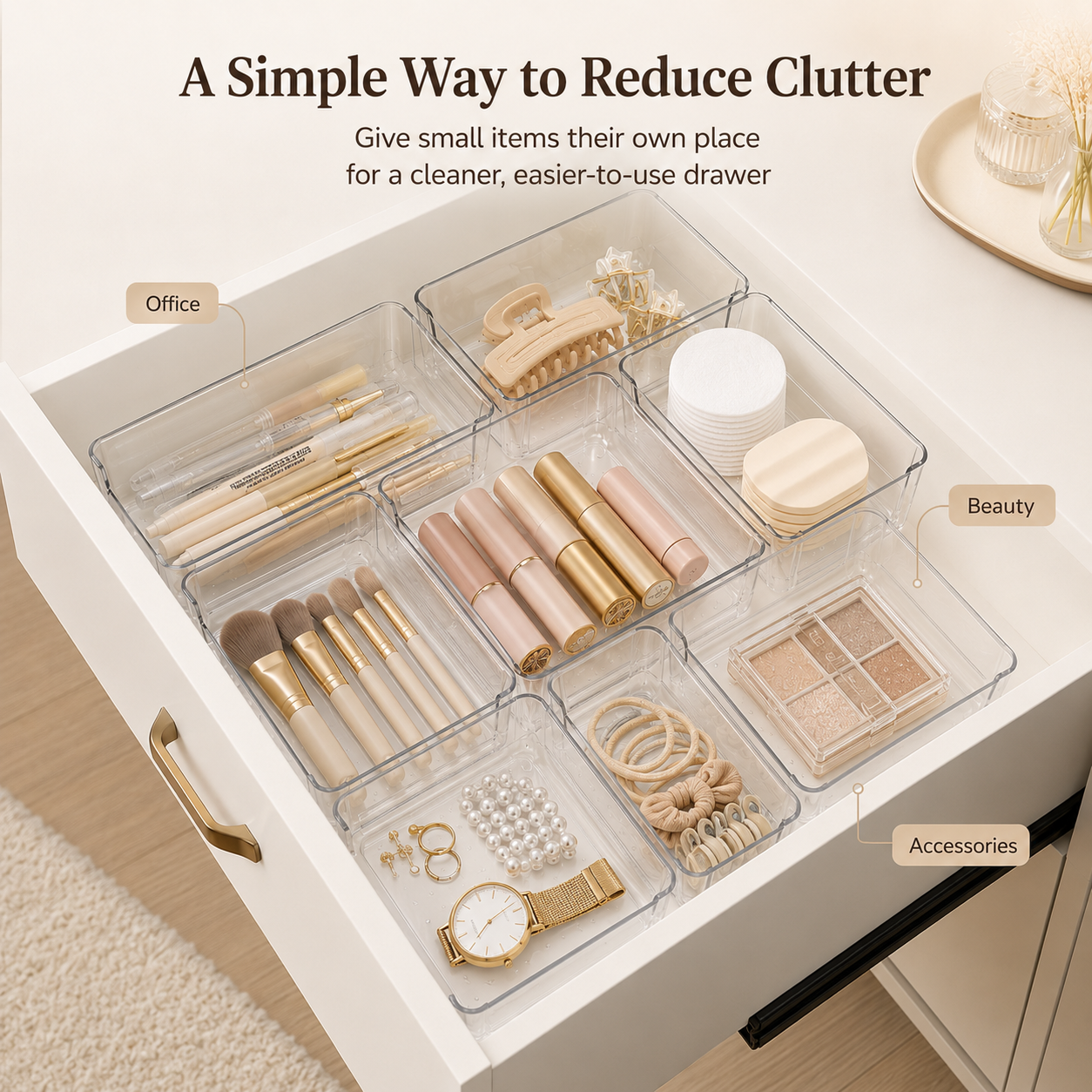 Clear drawer organizer trays creating a neat and organized drawer layout