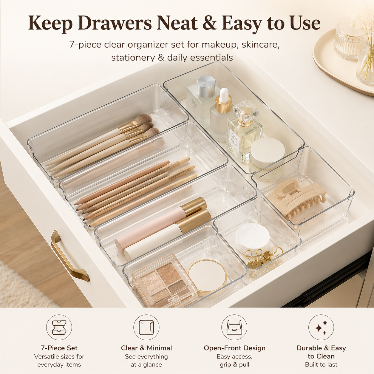 Clear drawer organizer set 7 pack arranged neatly inside a drawer