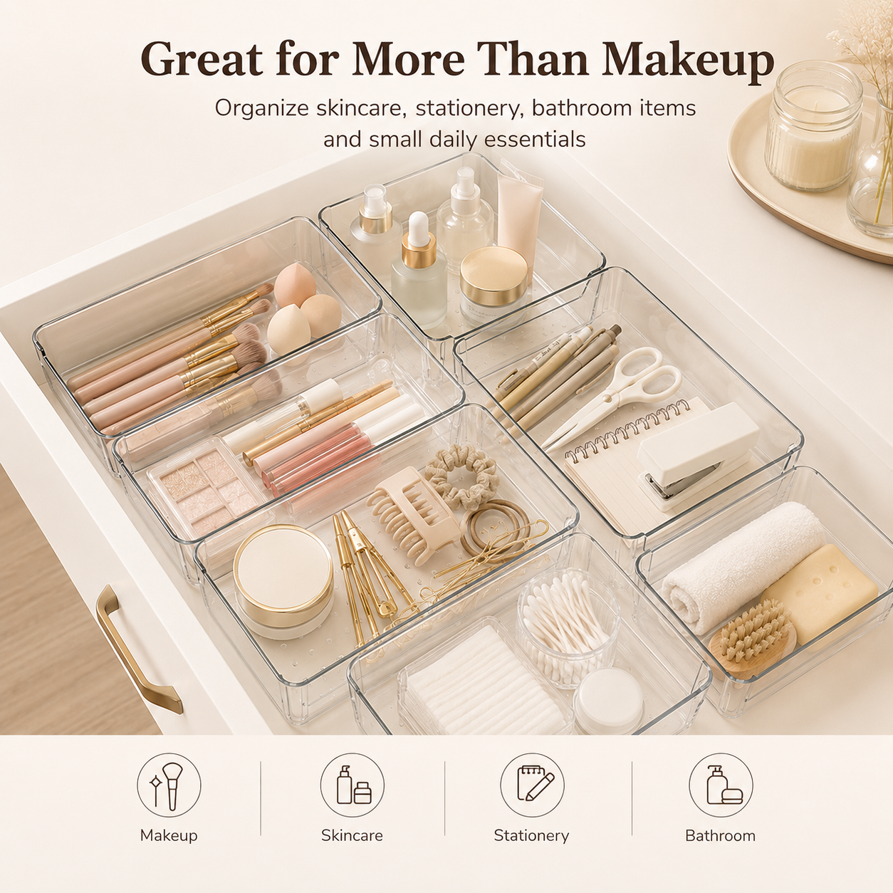 Clear drawer organizer trays used for makeup skincare and daily essentials