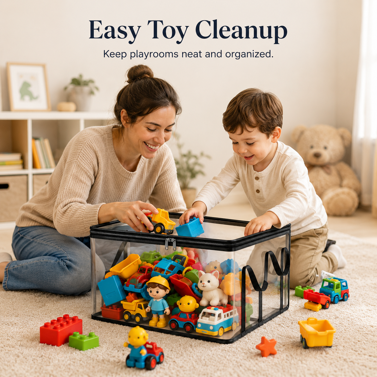 Child and parent organizing toys with a clear toy storage bag in a playroom