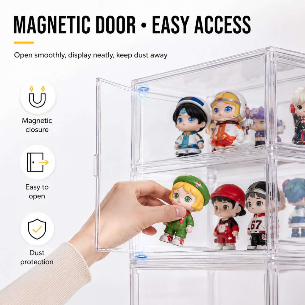 Magnetic door display box with easy access