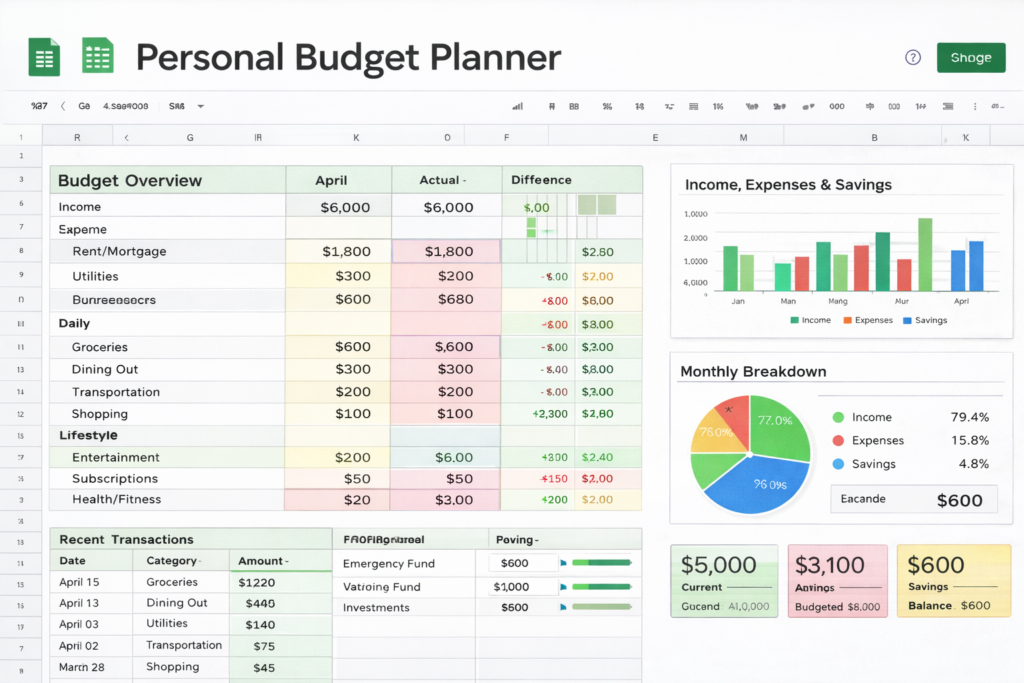 Features overview of a Google Sheets personal budget planner