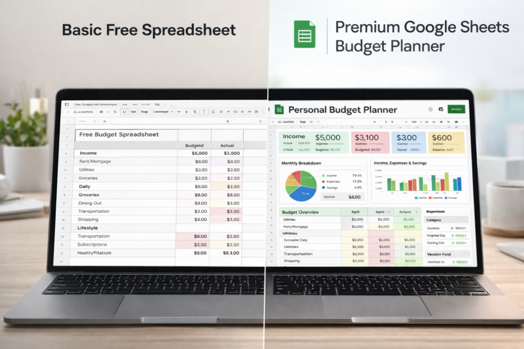 Comparison of a basic free budget spreadsheet and a premium Google Sheets budget planner