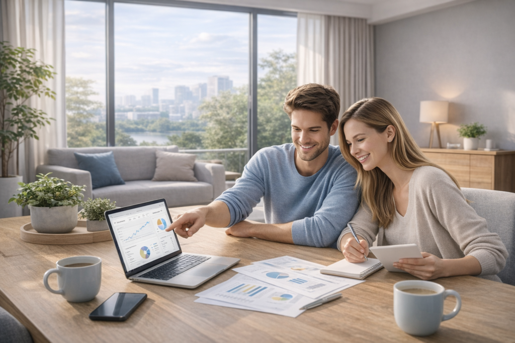 Modern about page image showing a couple reviewing financial information together in a bright minimalist home setting