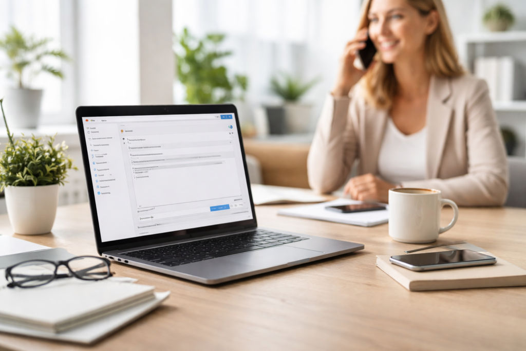 Modern contact page image showing a bright workspace with a laptop, coffee mug, smartphone, and a woman on a phone call in the background