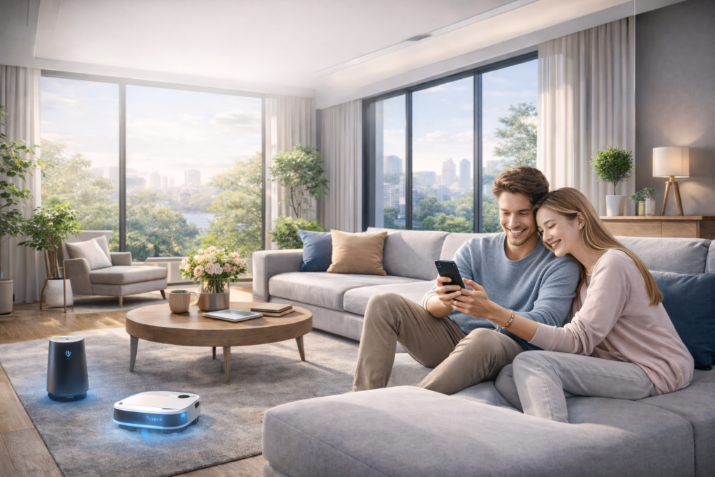Modern hero image showing a couple using a smartphone in a bright minimalist living room with a clean digital lifestyle aesthetic