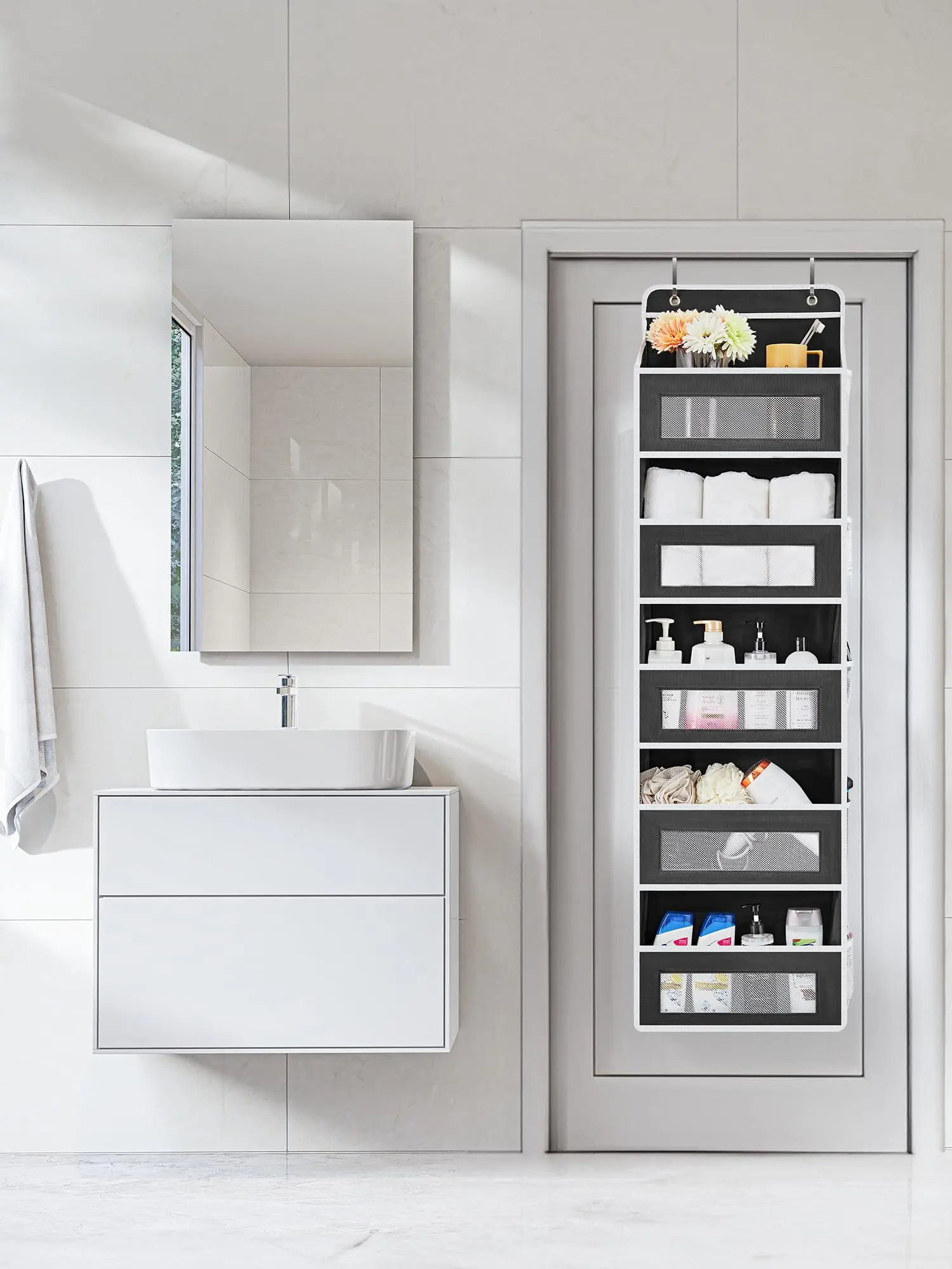 Over the Door 5-Shelf Hanging Organizer shown with practical storage details
