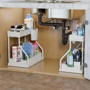 2-Tier Pull-Out Under Sink Organizer shown with practical storage details