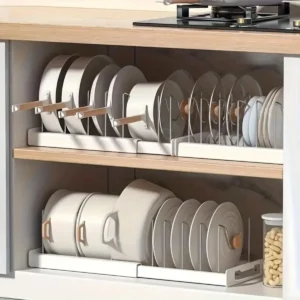 main product view of expandable ivory pot lid rack
