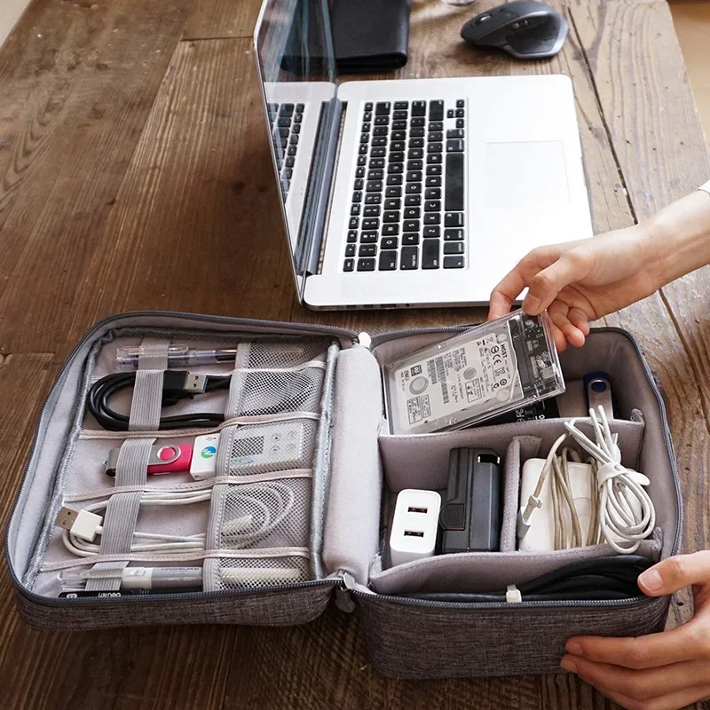Travel Cable Organizer Bag for Chargers and Small Electronics shown with practical storage details