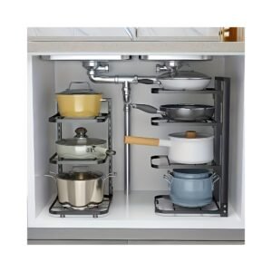 Adjustable pot rack inside kitchen cabinet