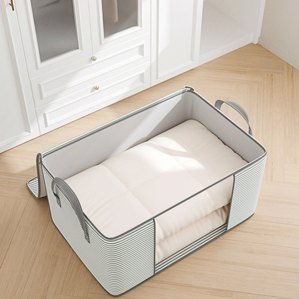 Foldable storage bag open with bedding