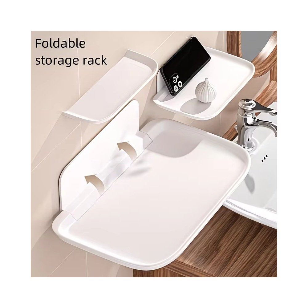 Folding wall shelf holding phone and cup