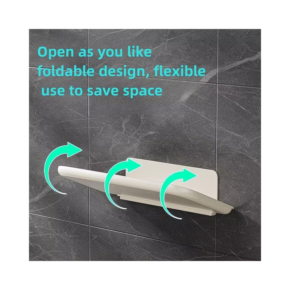 Fold-flat wall shelf in bathroom