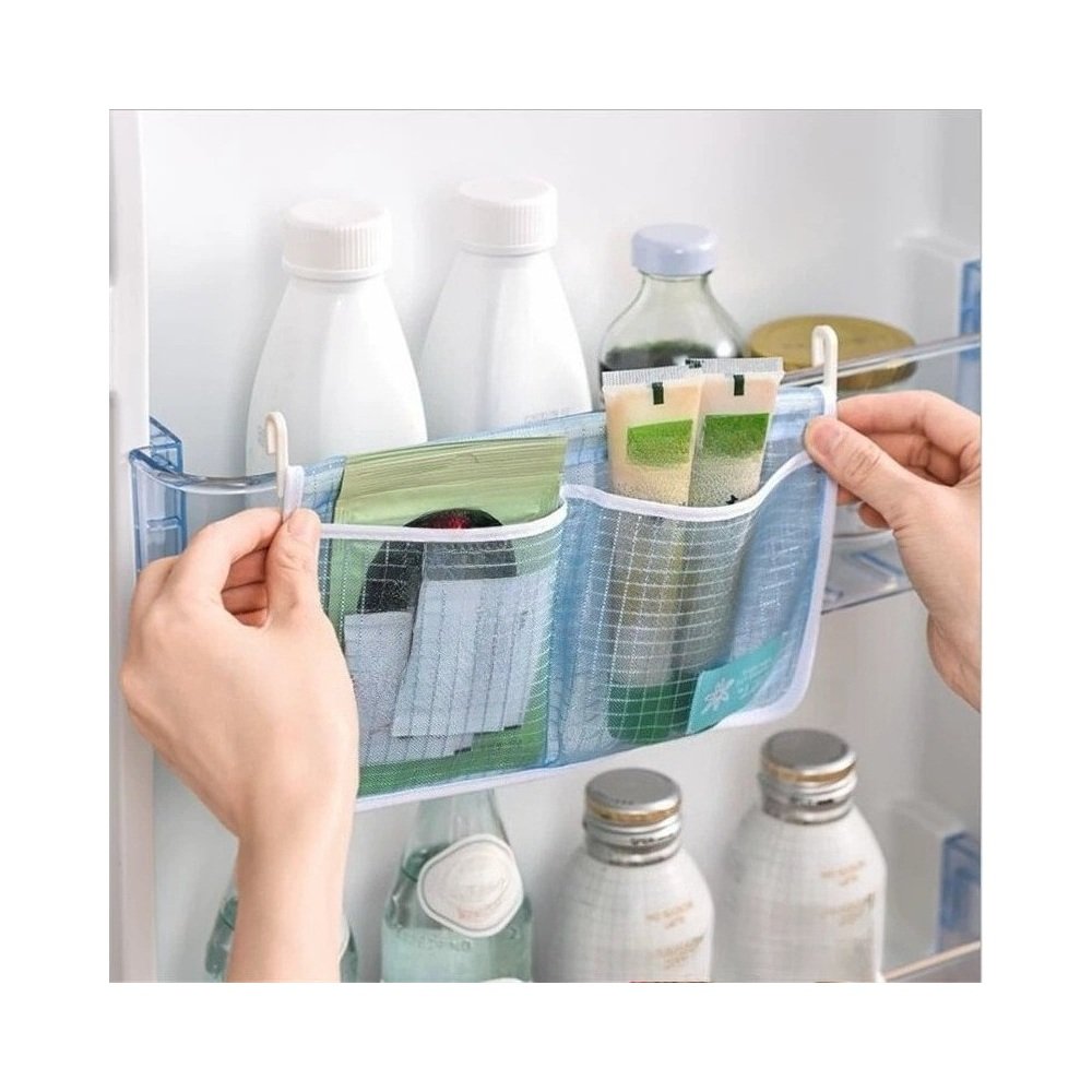 Hanging mesh pouch on refrigerator shelf