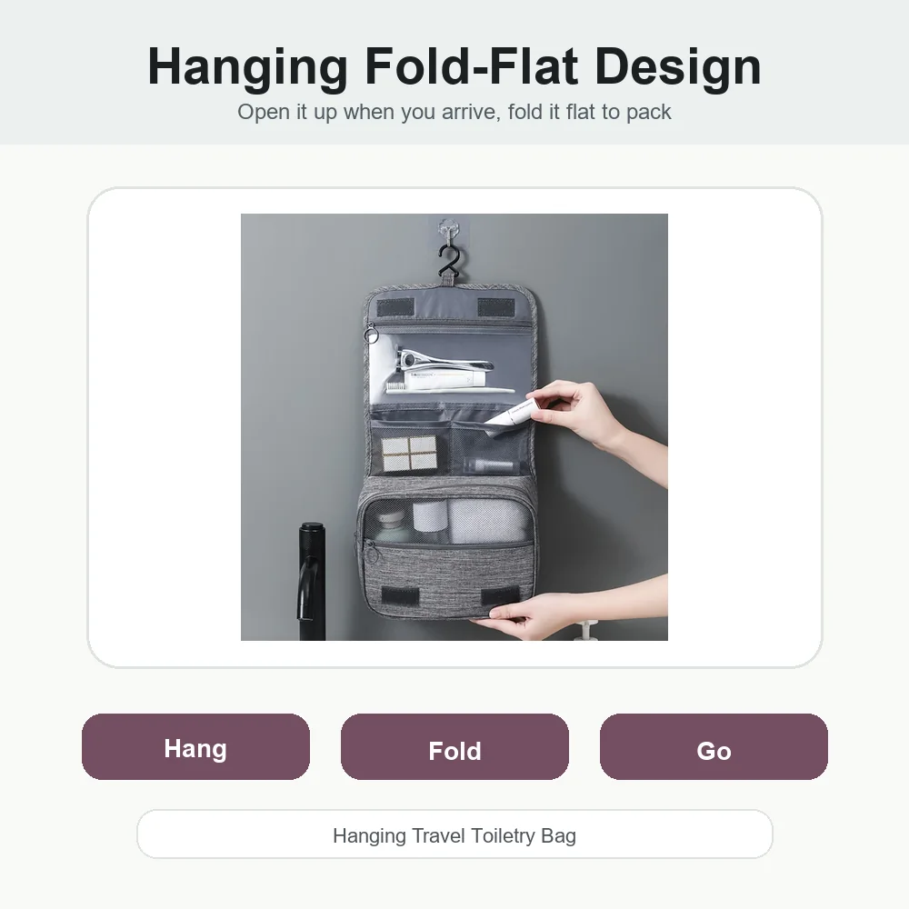 Hanging Travel Toiletry Bag with Fold-Flat Storage shown with practical storage details