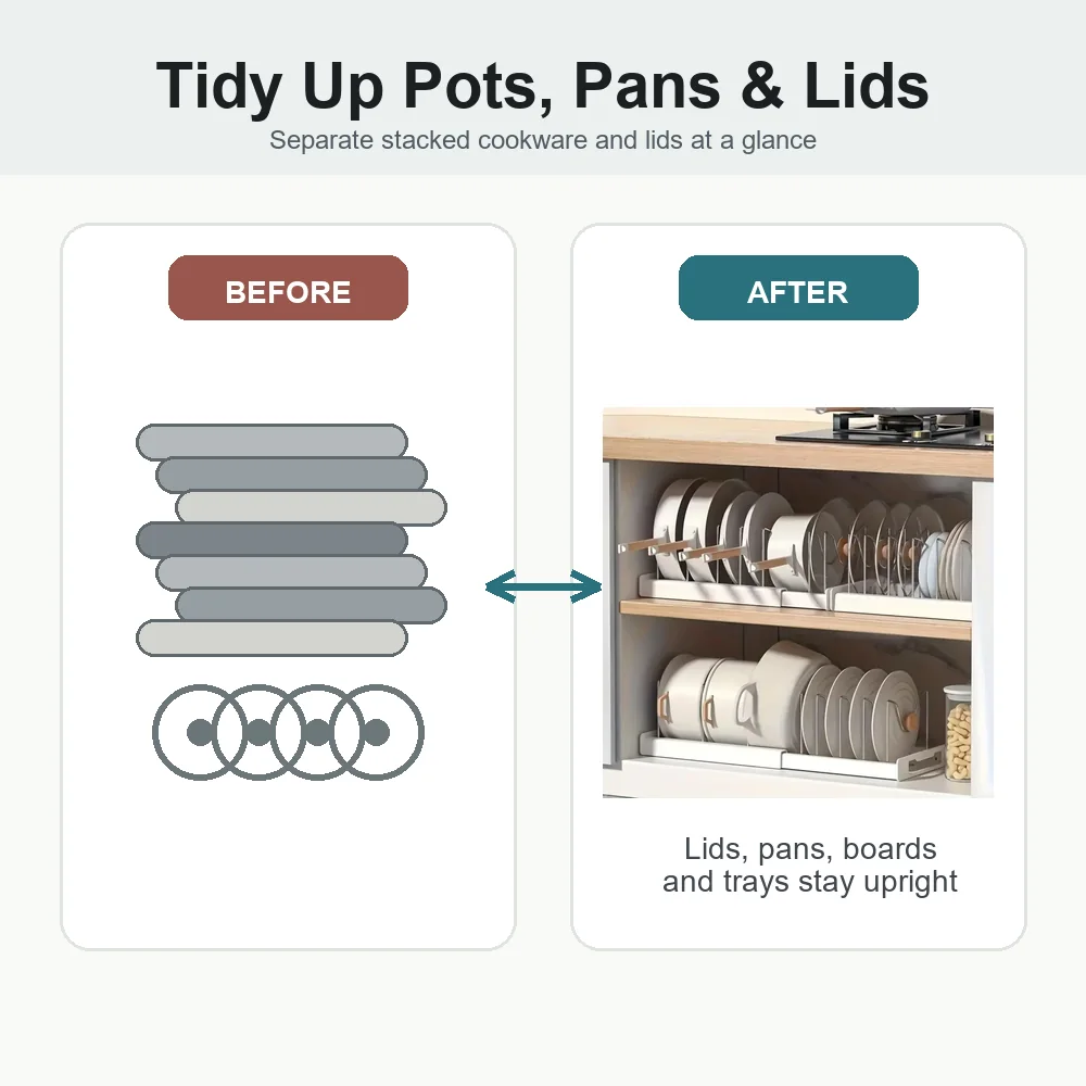 Main view of Expandable Pot and Pan Lid Organizer with 7 Adjustable Dividers for organized everyday spaces