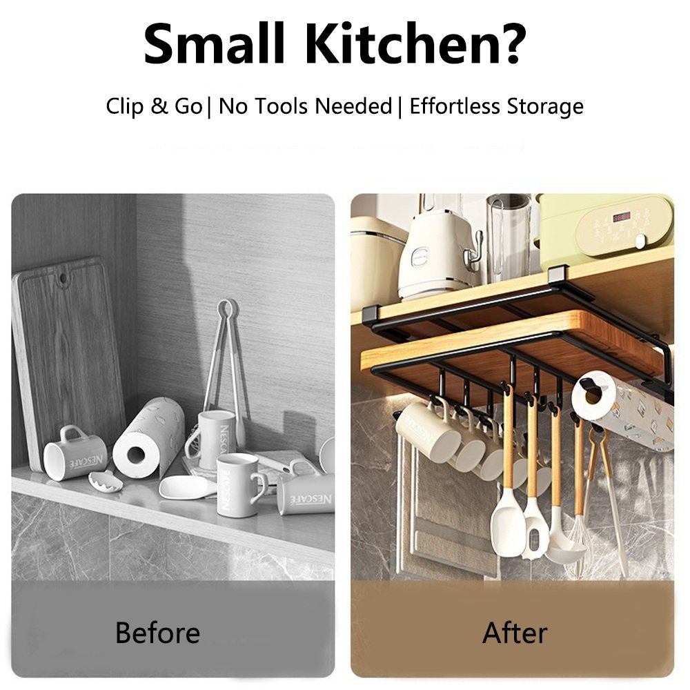 Under-Cupboard Hanging Rack shown with practical storage details