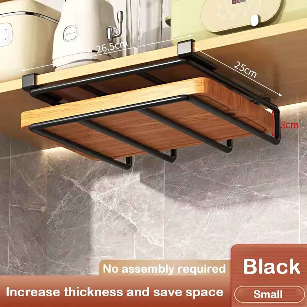Under-Cupboard Hanging Rack arranged for tidy daily storage