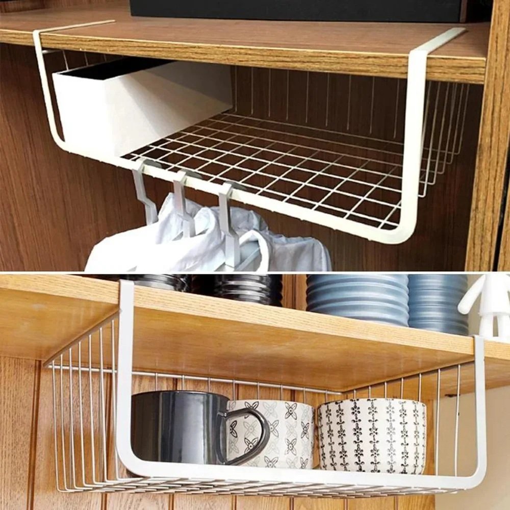 Black and white under-shelf mesh baskets