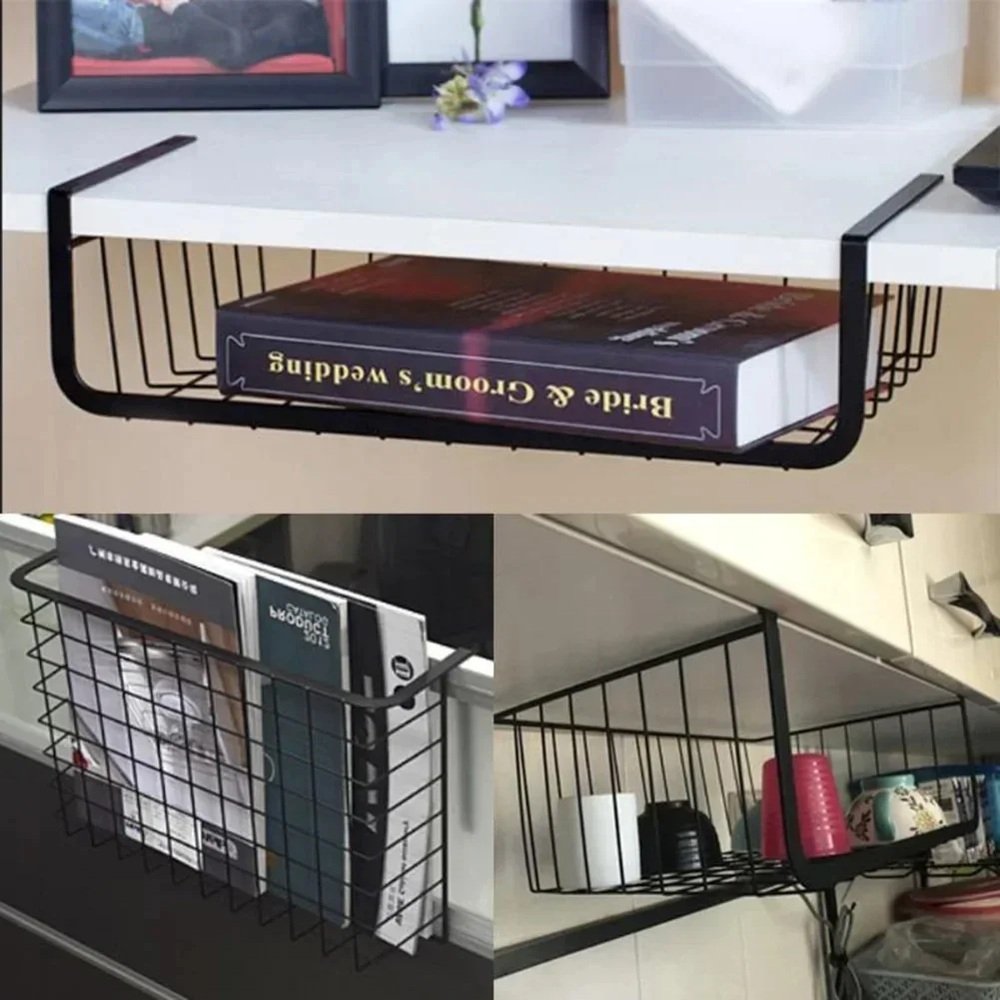 Under-shelf mesh basket on closet shelf