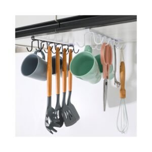 Under-shelf mug hook rack holding cups and utensils