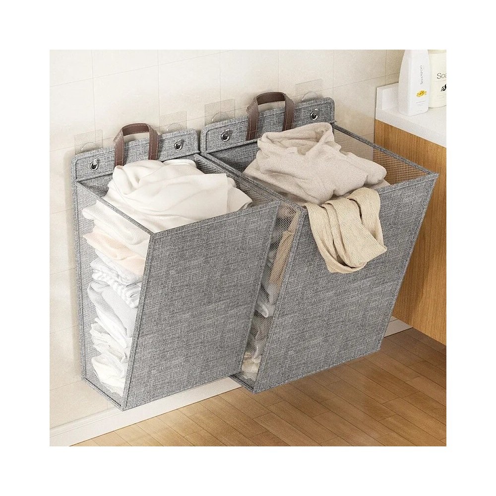 Wall laundry hamper beside bathroom wall