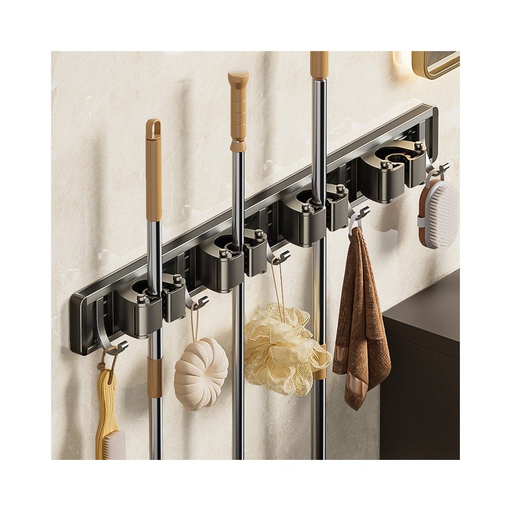 Wall-Mounted Mop Holder Clips shown with practical storage details