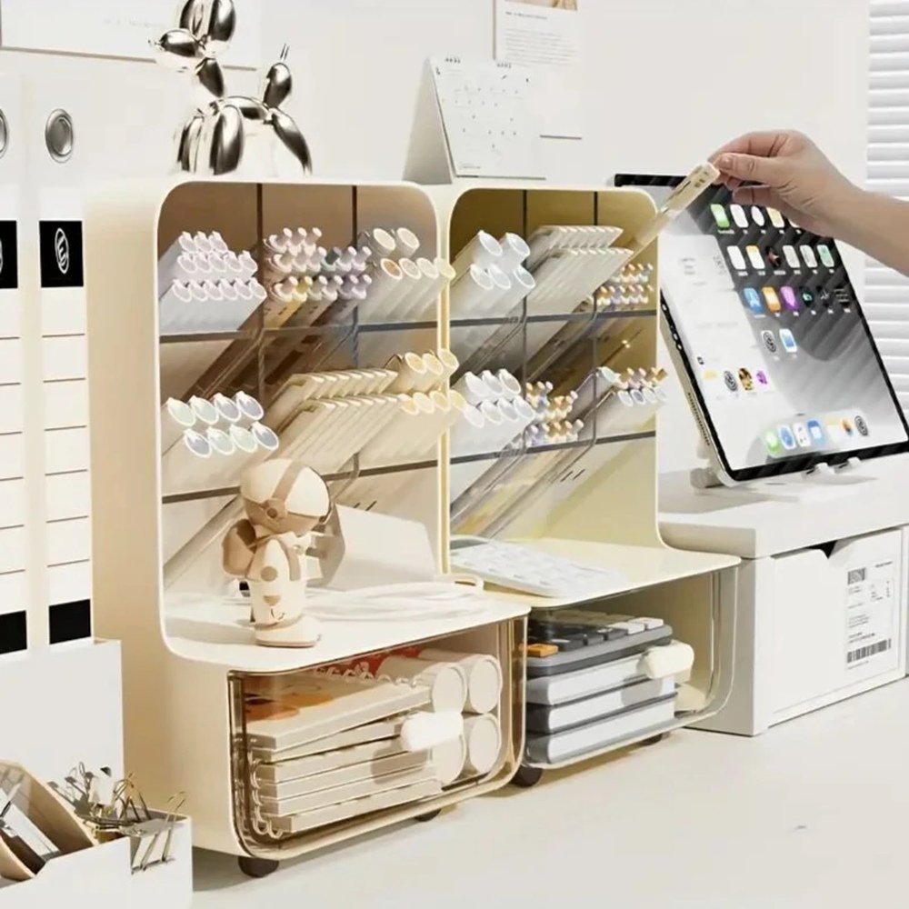 Desktop Organizer Caddy shown with practical storage details