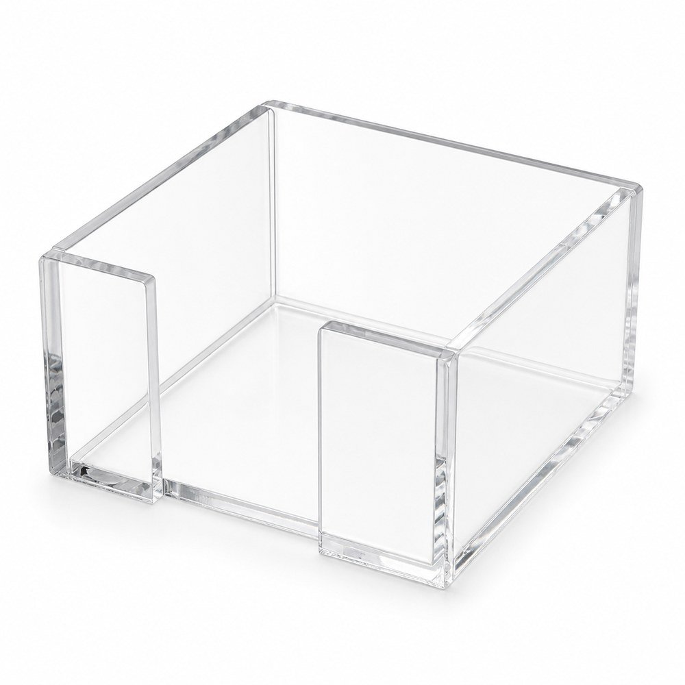 Empty clear acrylic sticky note holder clean detail view