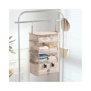 Hanging travel clothes organizer in a wardrobe
