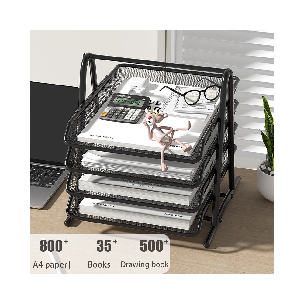 Mesh letter tray holding papers on a desk