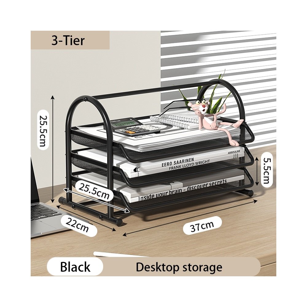 Three tier black mesh organizer with side holder