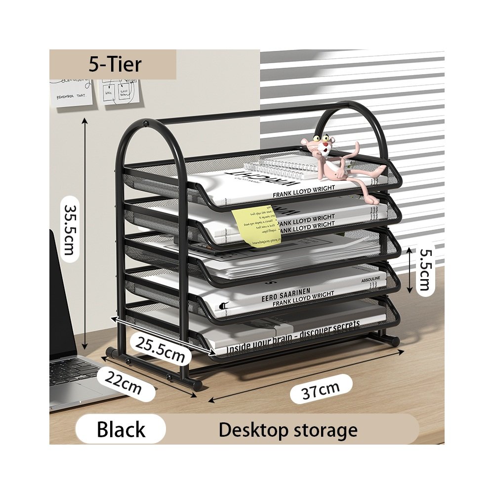 Five tier black mesh organizer with side holder