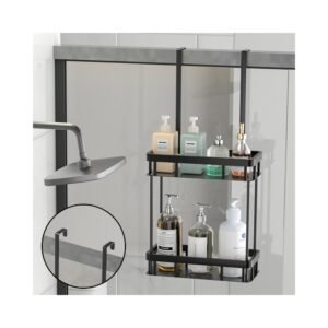 Over-door shower caddy hanging in bathroom