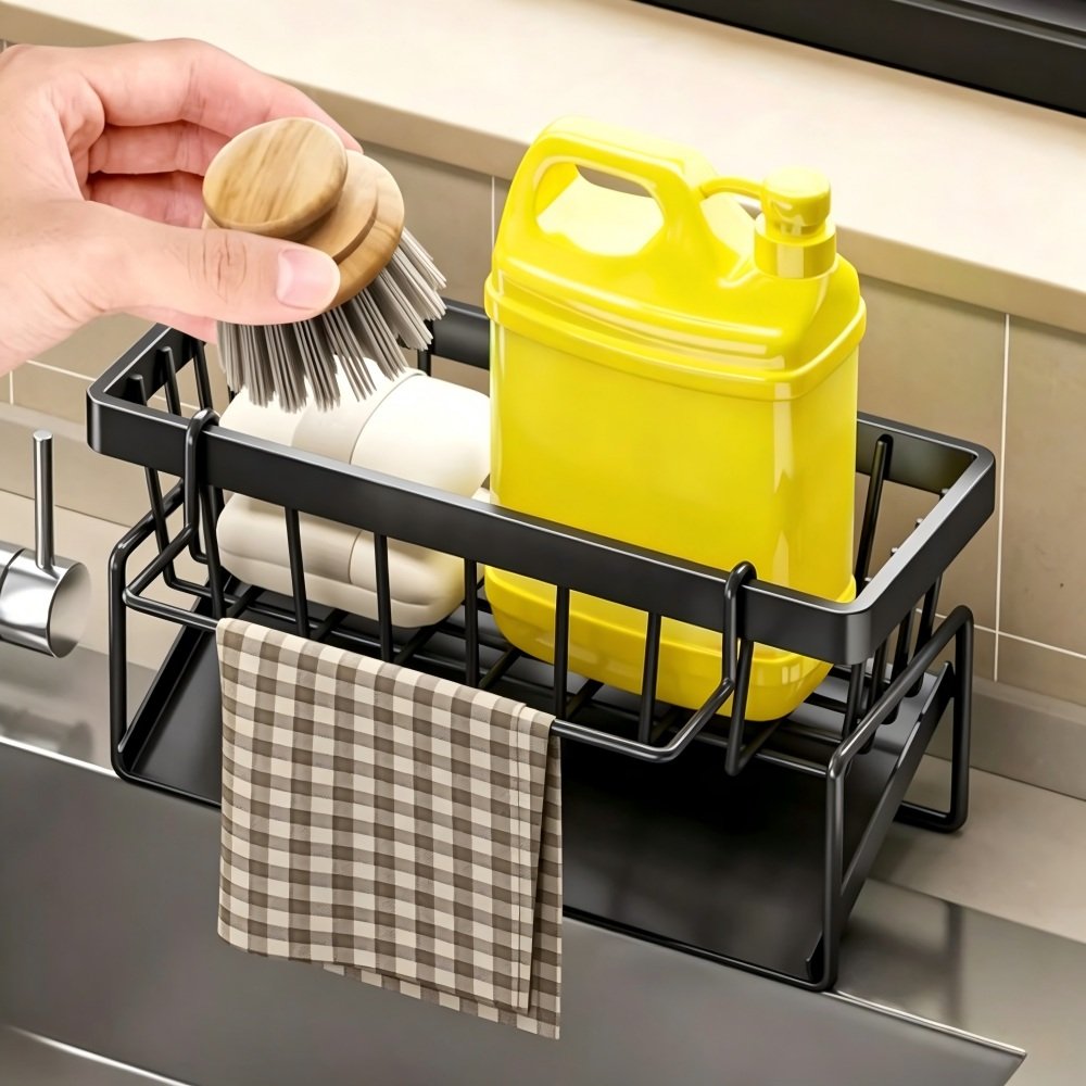 Tap-mounted sink shelf holding kitchen sponge