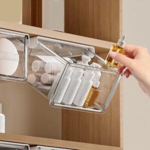 Transparent makeup drawer box on vanity
