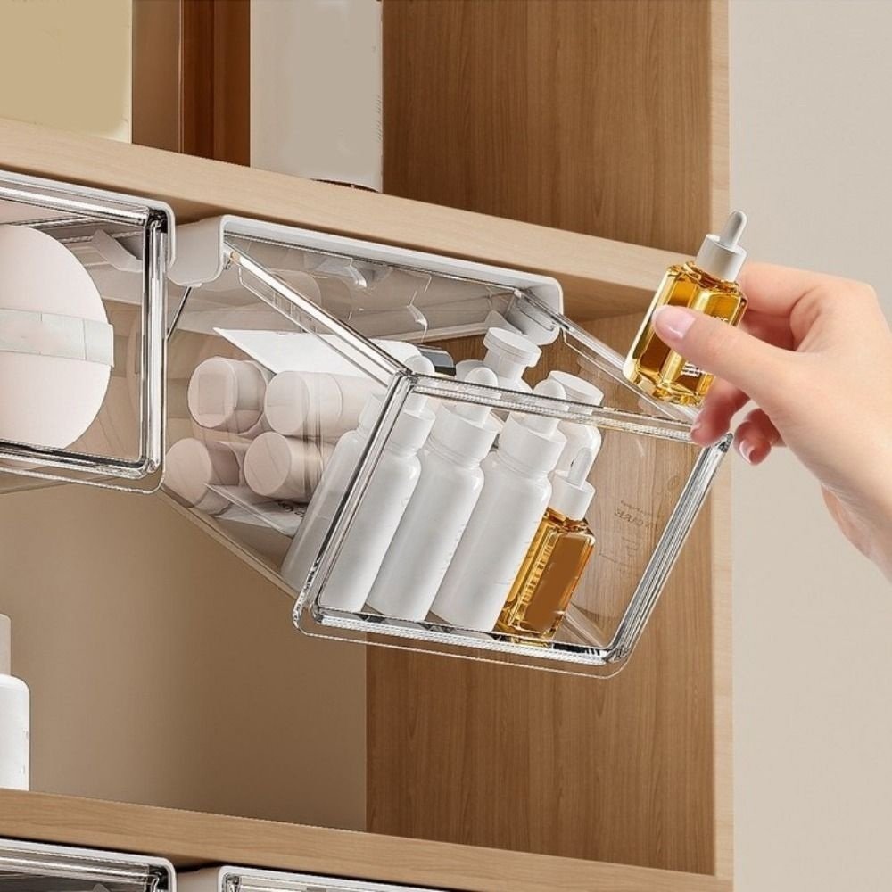 Transparent makeup drawer box on vanity