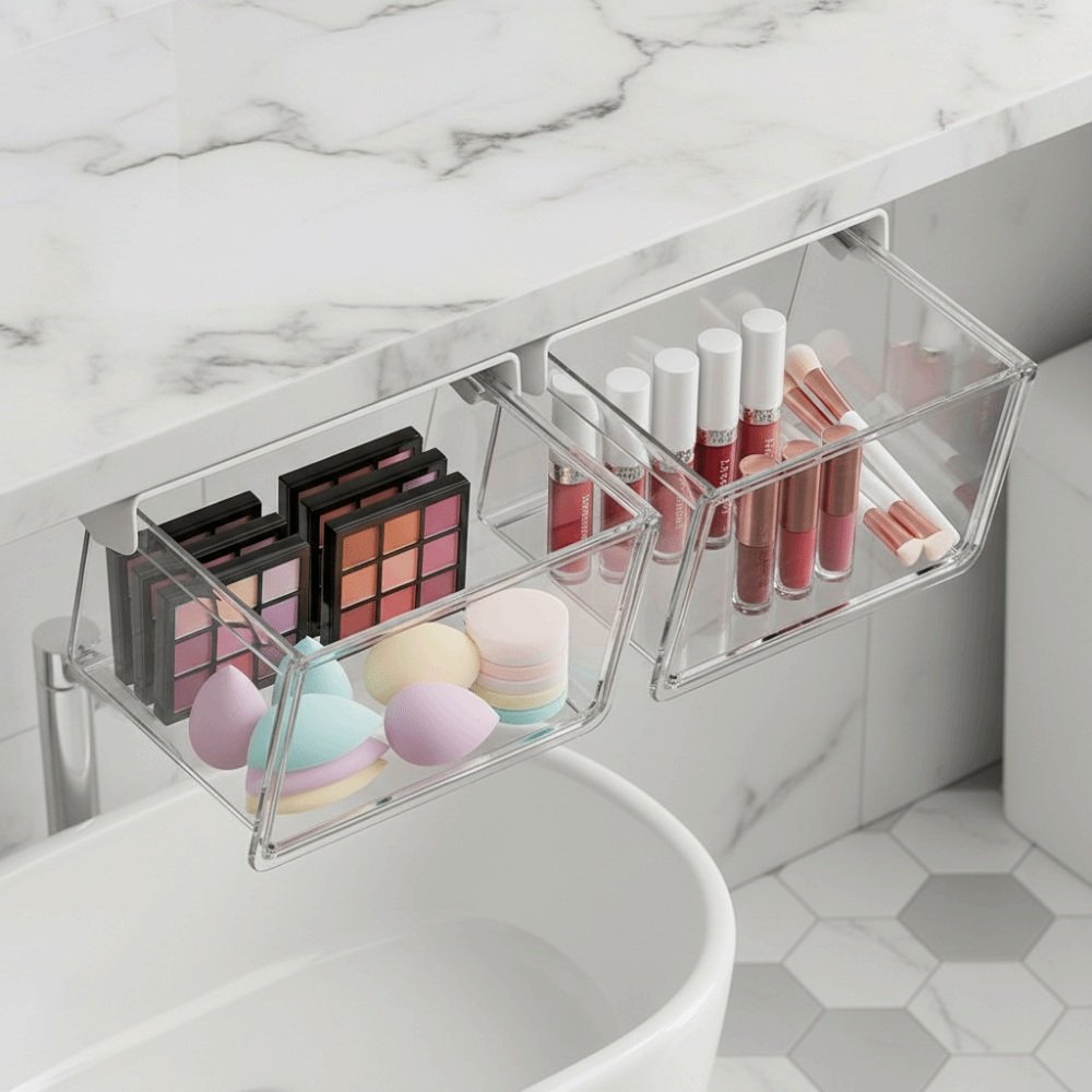 Transparent drawer organizer with adhesive back