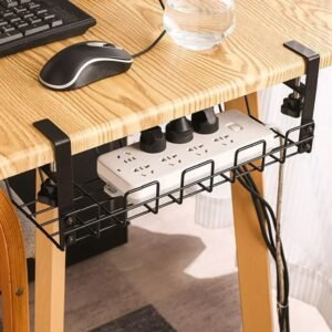 Under-desk cable tray installed beneath a desk