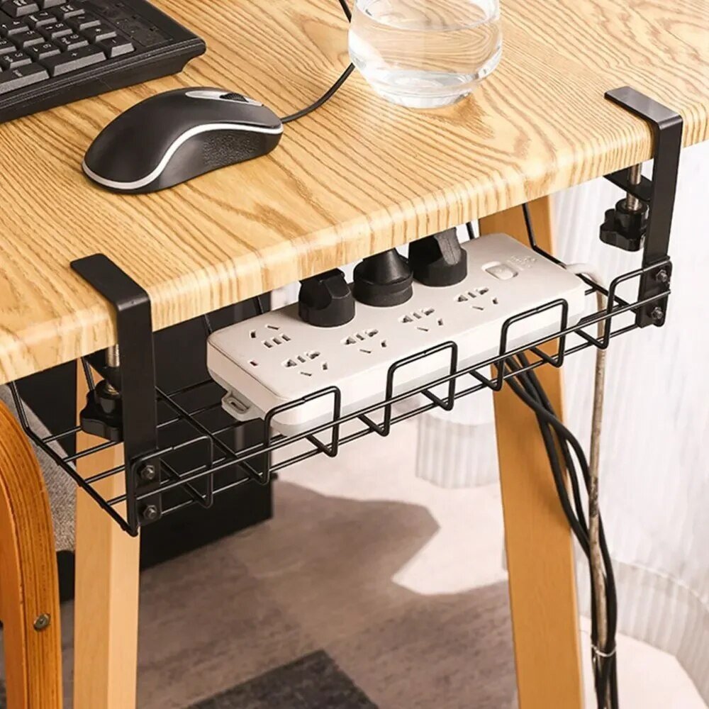 Under-desk cable tray installed beneath a desk