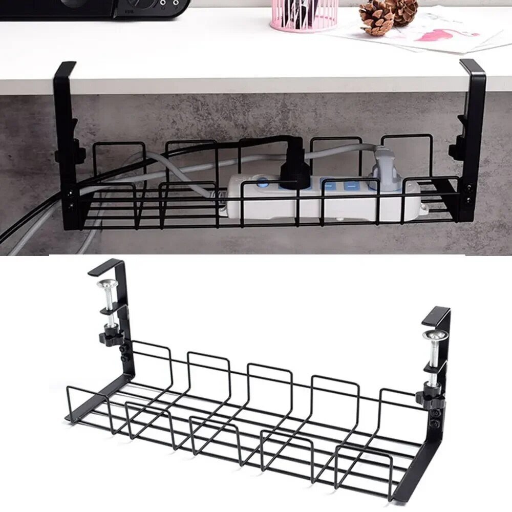 Black wire cable tray for desk cable management