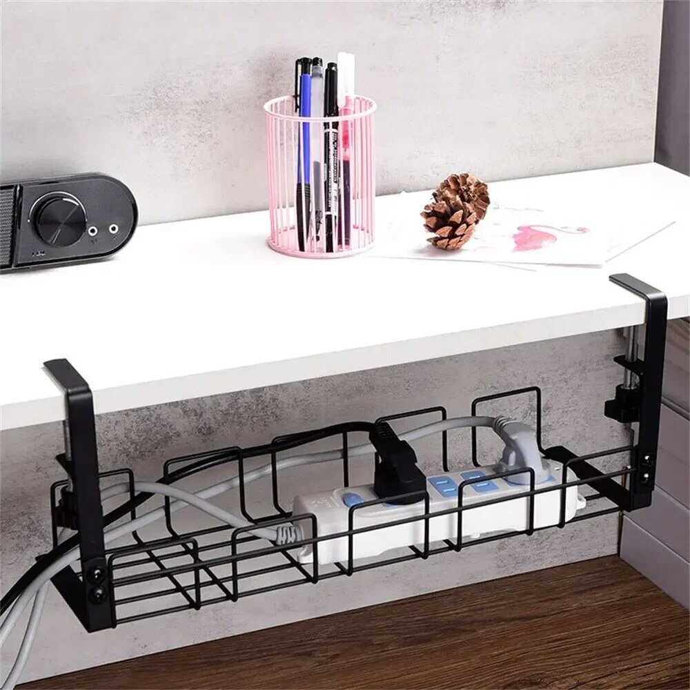 Cable tray holding power strip and cords