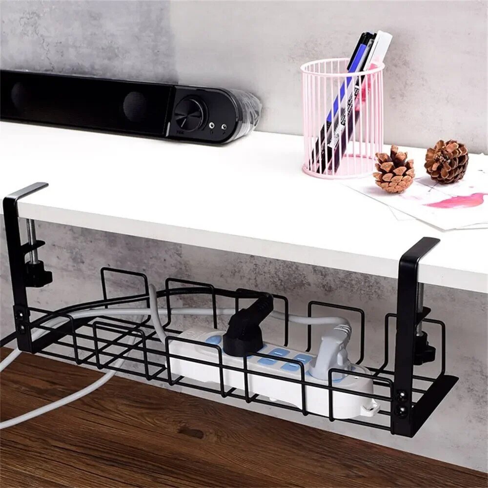 Under desk wire organizer side view